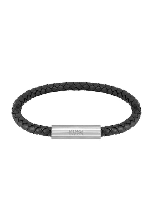 BOSS Men's Black Braided Leather Bracelet with Stainless Steel Magnetic Clasp