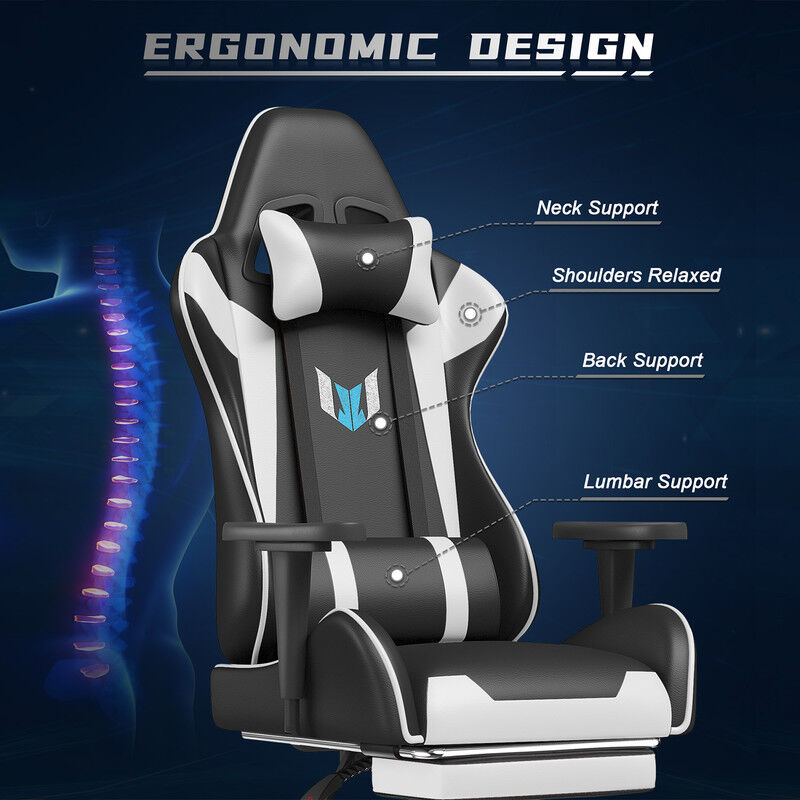 BIGZZIA Ergonomic Gaming Chair with Retractable Footrest, Lumbar Support, Reclining