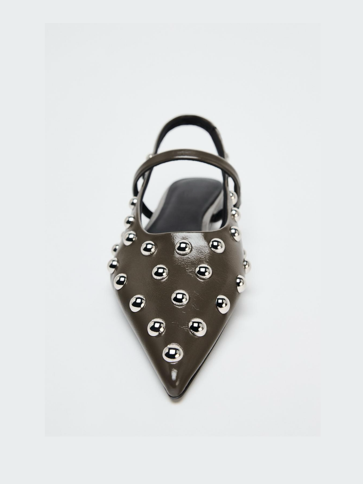 Brown Pointed-Toe Bridge Strap Slingback Studded Vegan Leather Flats