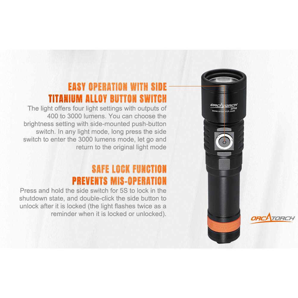 ORCATORCH D710 3000 Lumen USB-C Rechargeable Dive Light for Technical Recreational Diving