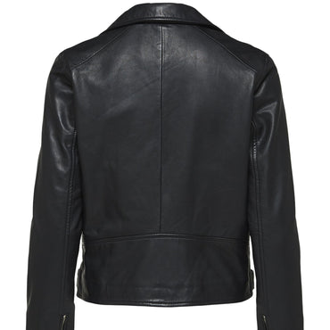 Classic Black Lamb Leather Cropped Motorcycle Jacket with Studs and Zippers