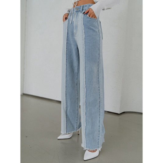 DAZY Trendy Two-Tone Raw-Cut Denim Jeans for Women, High-Waisted Style