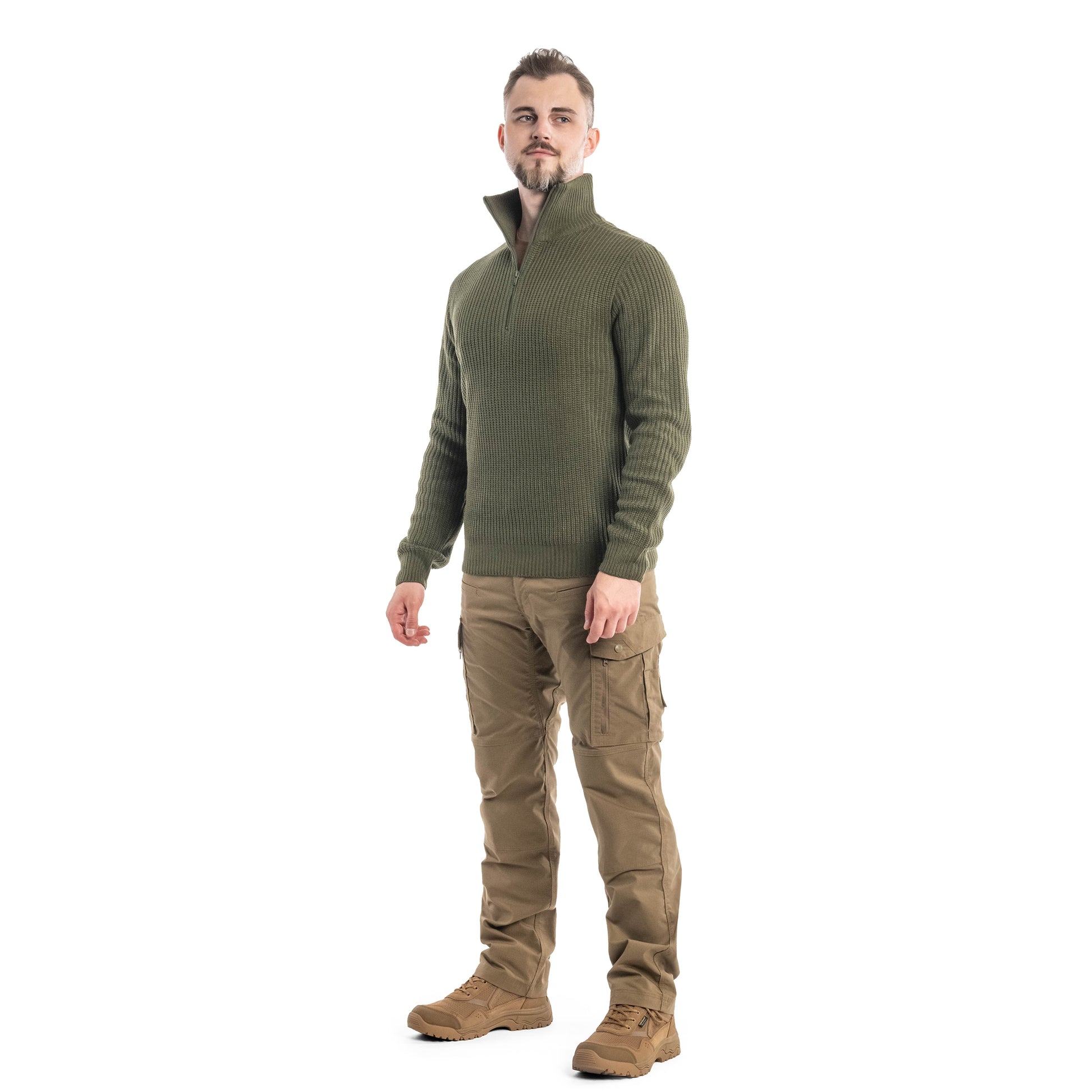 Brandit Olive Marine Troyer Knitted Pullover Sweater with High Zipper Collar