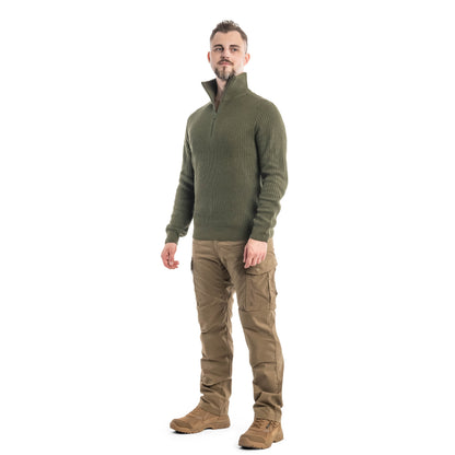 Brandit Olive Marine Troyer Knitted Pullover Sweater with High Zipper Collar