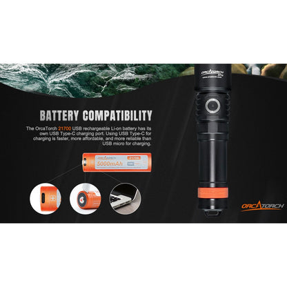 ORCATORCH D710 3000 Lumen USB-C Rechargeable Dive Light for Technical Recreational Diving
