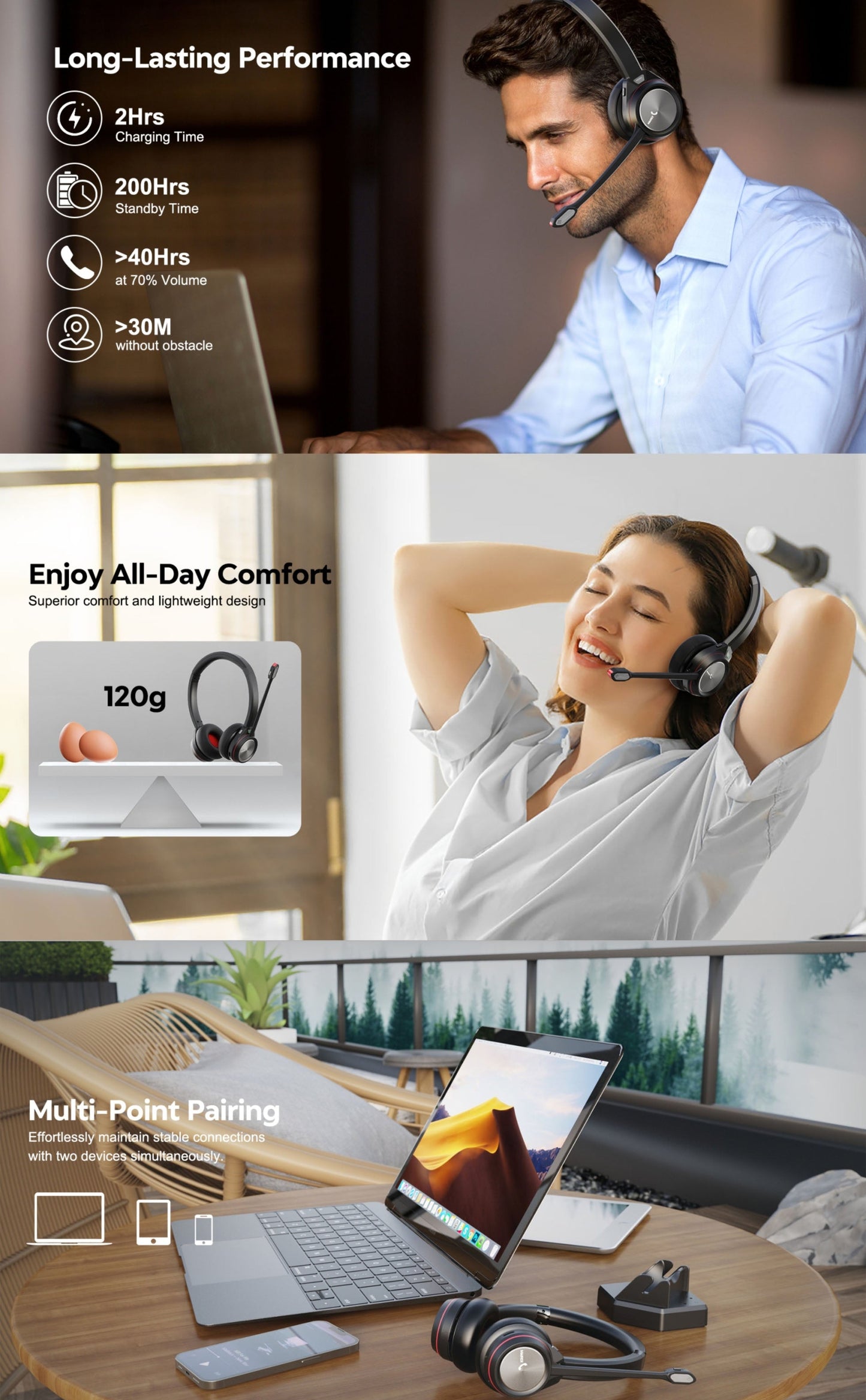 MAIRDI M891BT Wireless Office Headset with USB Dongle Stand