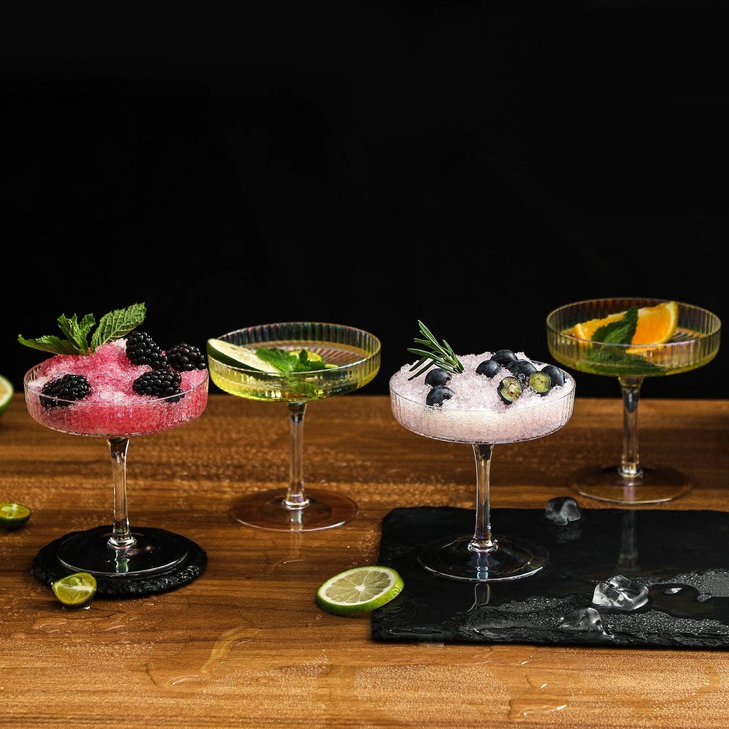 Iridescent Rainbow Coupe Glasses Set of Four – Hand‑Blown Cocktailware