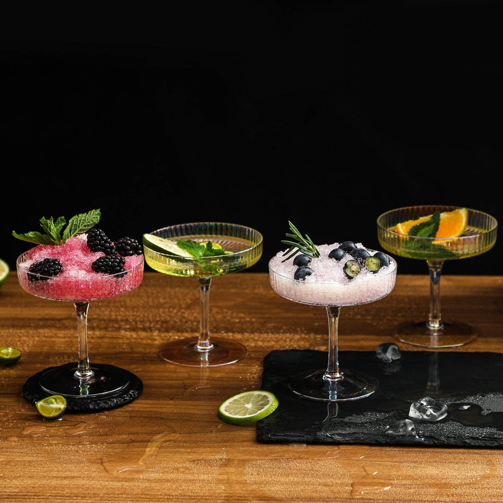 Iridescent Rainbow Coupe Glasses Set of Four – Hand‑Blown Cocktailware