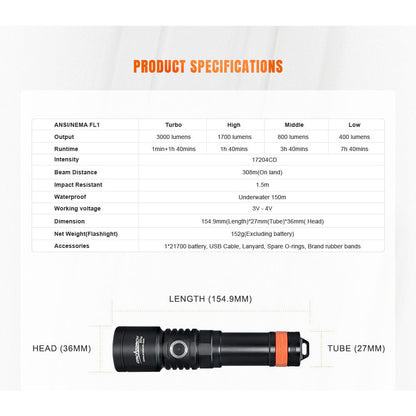 ORCATORCH D710 3000 Lumen USB-C Rechargeable Dive Light for Technical Recreational Diving