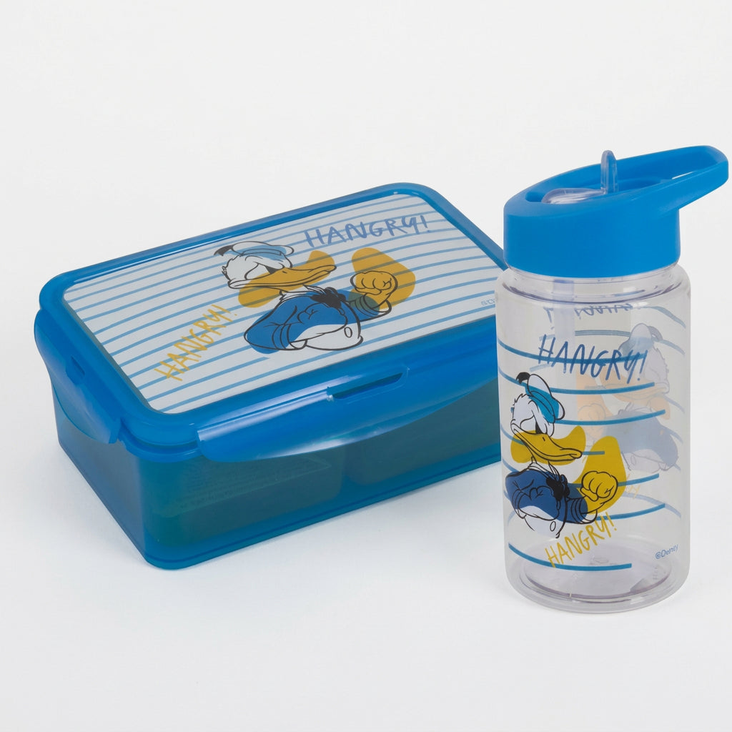 A blue plastic lunch box and matching water bottle set with a Peanuts character print, shown on a plain white background.