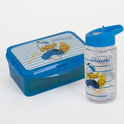 A blue plastic lunch box and matching water bottle set with a Peanuts character print, shown on a plain white background.