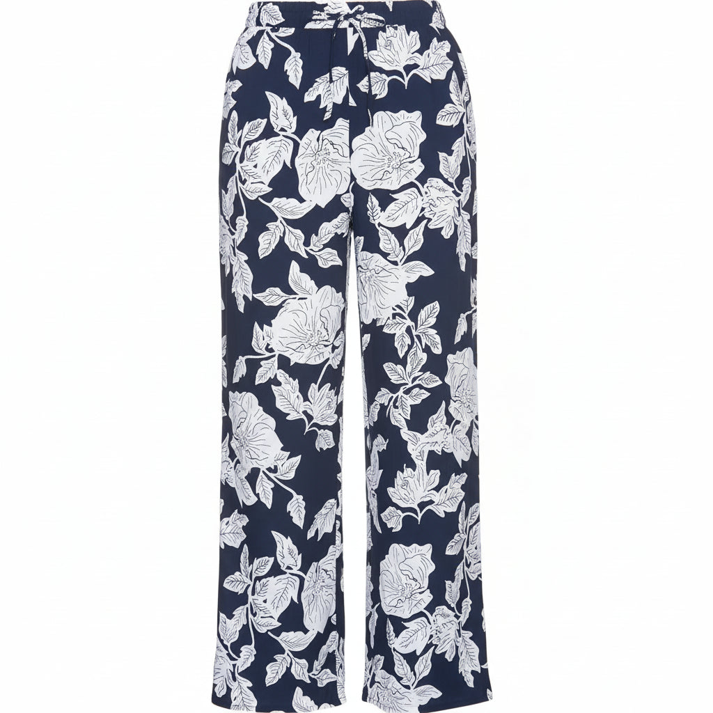 Bonprix. Palazzo Pants with Dark Blue Viscose and White Floral Print