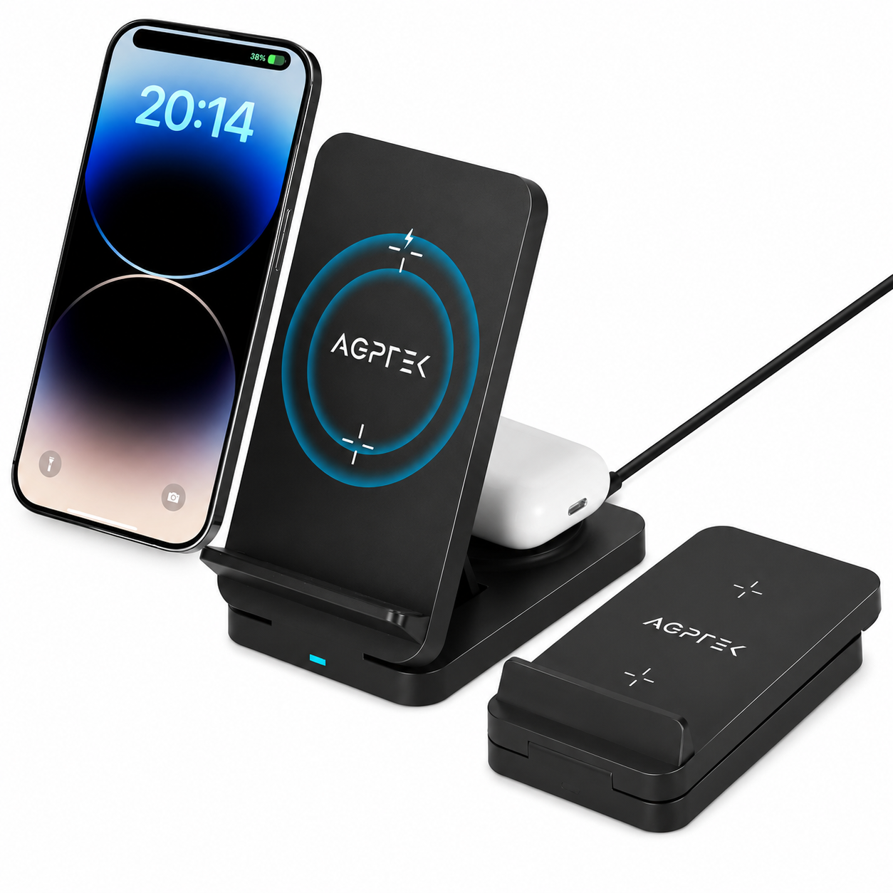 AGPTEK Wireless Charger 15W, 3 in 1 Foldable Wireless Charging Station