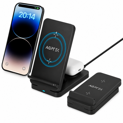 AGPTEK Wireless Charger 15W, 3 in 1 Foldable Wireless Charging Station