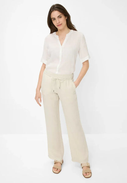 BRAX Farina Light Beige Linen Trousers - Elastic Waist, Straight Leg - Gomix Brands Outlet