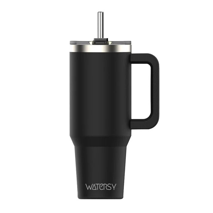 WATERSY 40oz Black Insulated Tumbler with Handle, Lid, Straw