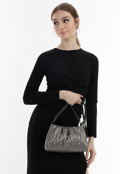 LYNNEA Evening Crossbody with Gold Pom Pom – Metallic Silver