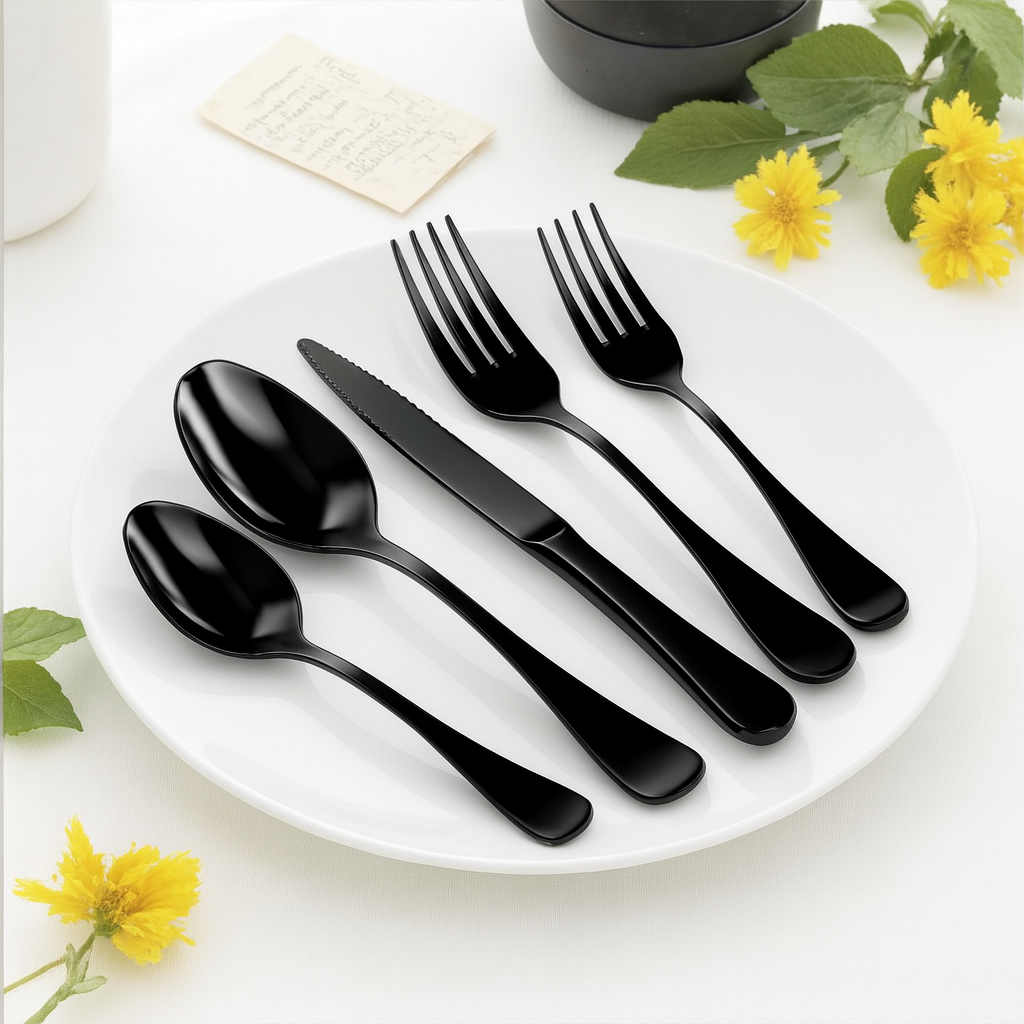 49‑Piece Black Mirror Flatware Set for 8 – Premium Stainless Steel Cutlery with Organizer