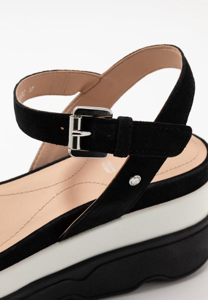Geox Women's Gardenia Black Suede Platform Wedge Sandals with Ankle Strap