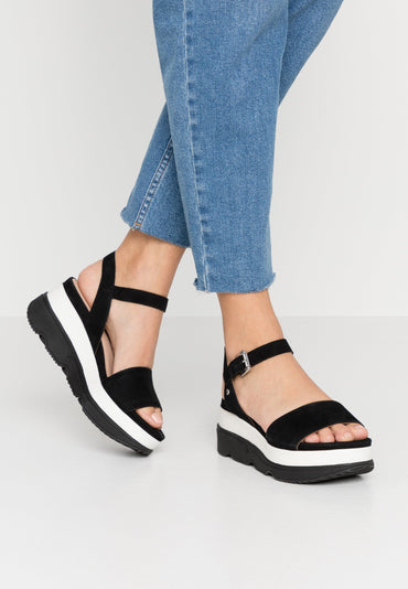 Geox Women's Gardenia Black Suede Platform Wedge Sandals with Ankle Strap