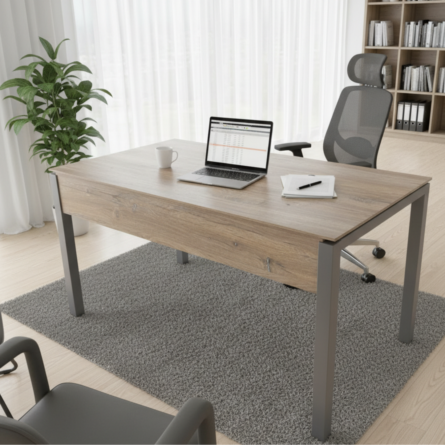 ElegantTable Modern Office Desk with Gray Legs and Oak Wood Finish