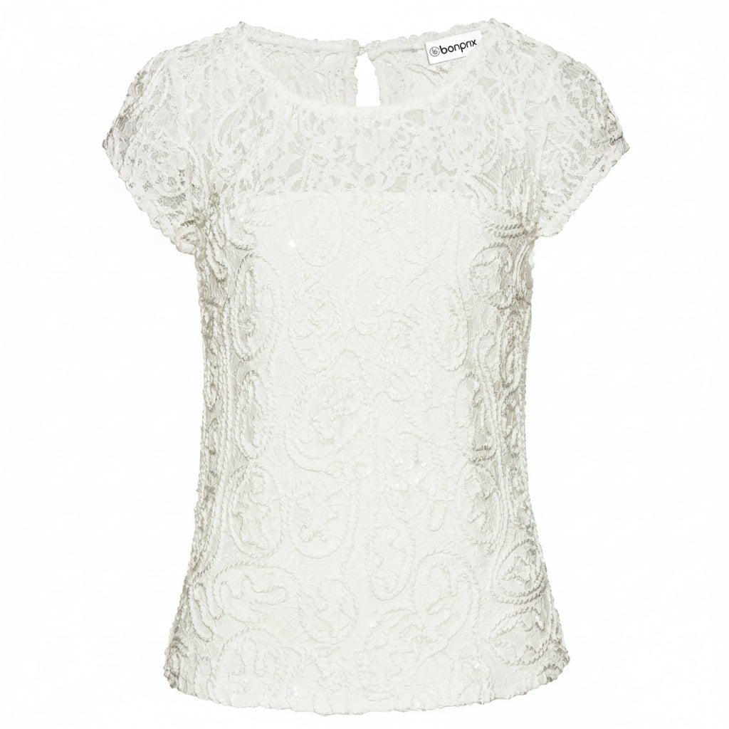Bonprix. Ecru Short Sleeve Lace Blouse with Polyester Lining