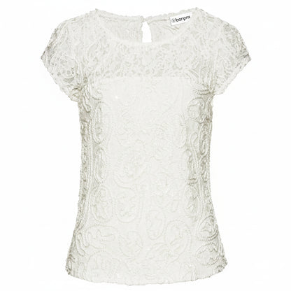 Bonprix. Ecru Short Sleeve Lace Blouse with Polyester Lining