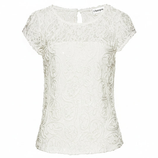 Bonprix. Ecru Short Sleeve Lace Blouse with Polyester Lining