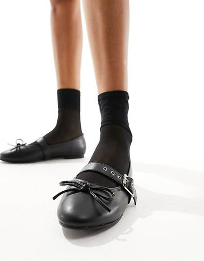 Public Desire Madelyn Black Faux-Leather Ballet Flats with Adjustable Buckle Strap
