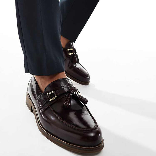 Men's Burgundy Leather Tassel Loafers: Classic Slip-On Dress Shoes