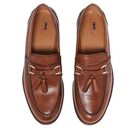ASOS DESIGN Men's Premium Tan Leather Tassel Loafers - Classic Slip-On Style