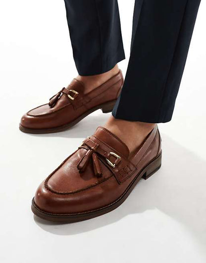 ASOS DESIGN Men's Premium Tan Leather Tassel Loafers - Classic Slip-On Style