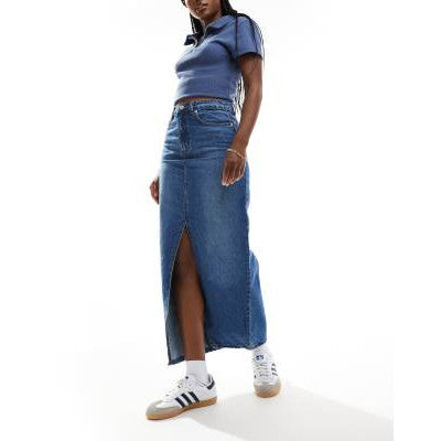 DTT Women's Mid Blue Denim Midi Skirt with Stylish Front Split Design