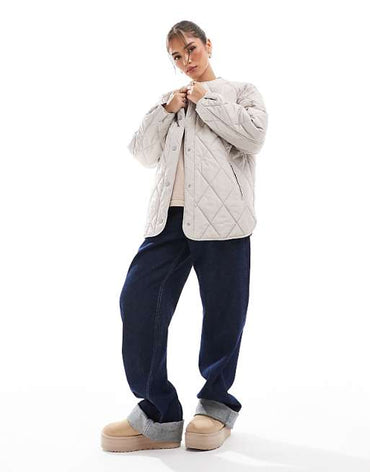 Pieces Women's Quilted Lightweight Grey Jacket - Versatile Mid-Season Layering