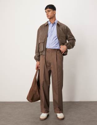 Men's ASOS DESIGN Smart Premium Brown Wide Leg Trousers with Double Pleats