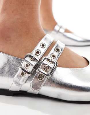 Schuh Livy Shiny Silver Metallic Faux-Leather Mary Jane Flat Shoes with Buckles