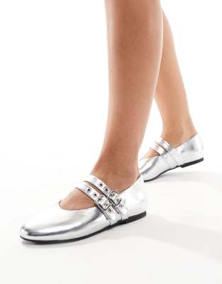Schuh Livy Shiny Silver Metallic Faux-Leather Mary Jane Flat Shoes with Buckles