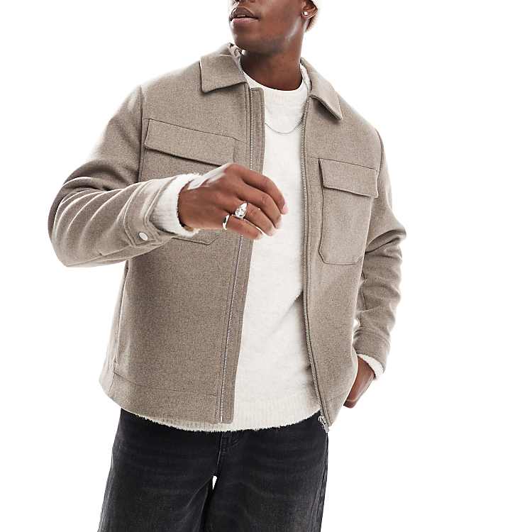 Men's Jack & Jones Wool Blend Cropped Jacket: Stylish Mocha with Pockets