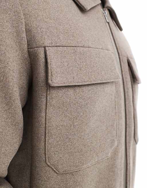 Men's Jack & Jones Wool Blend Cropped Jacket: Stylish Mocha with Pockets