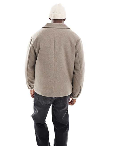 Men's Jack & Jones Wool Blend Cropped Jacket: Stylish Mocha with Pockets