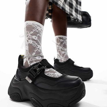 Buffalo Prowler Black Chunky Platform Ballerina Shoes with Adjustable Strap