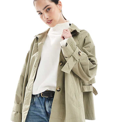 ASOS DESIGN Olive Funnel Neck Cape Back Cropped Trench Coat