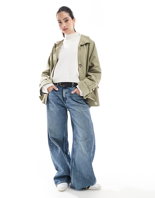 ASOS DESIGN Olive Funnel Neck Cape Back Cropped Trench Coat