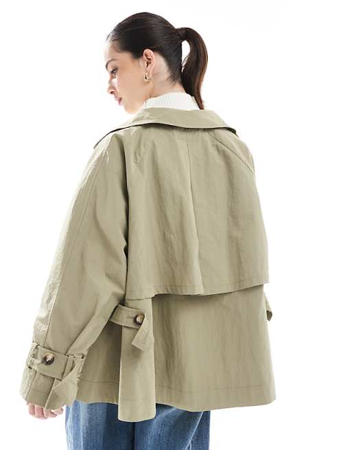 ASOS DESIGN Olive Funnel Neck Cape Back Cropped Trench Coat