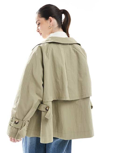 ASOS DESIGN Olive Funnel Neck Cape Back Cropped Trench Coat