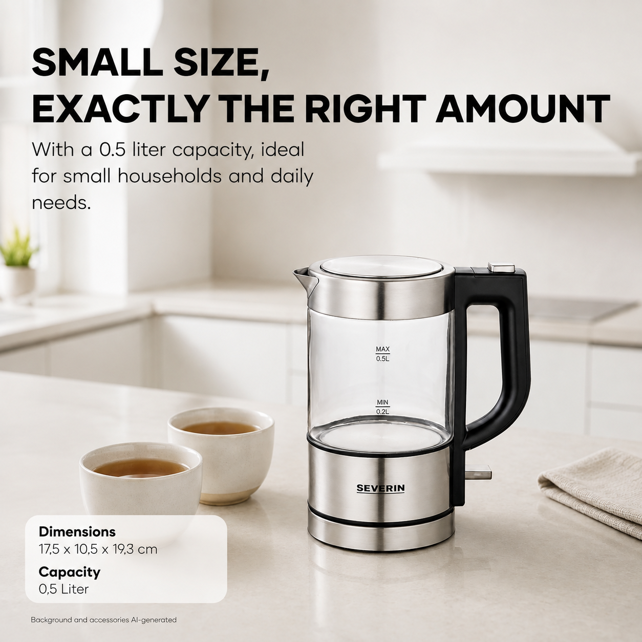 SEVERIN WK3472 Mini Glass Kettle 0.5 L Stainless-Steel