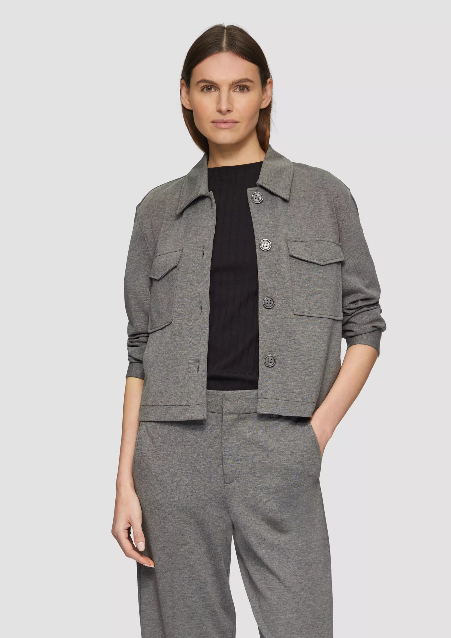 Mottled Interlock Jersey Light Jacket for Women - Casual Grey Button-Up