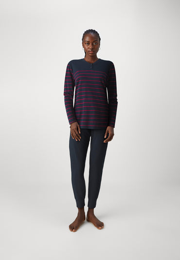 Schiesser Women's Striped Henley Long Pyjama Set - Soft Cotton Modal