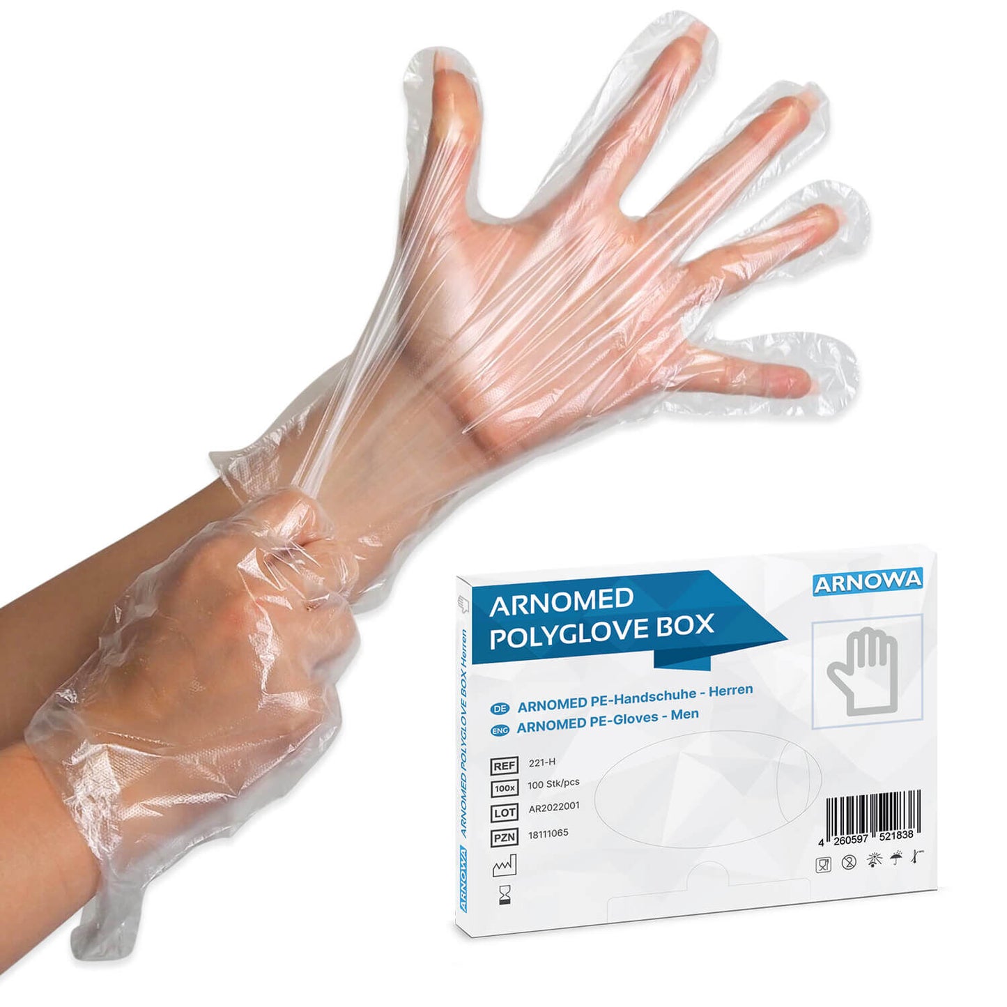 ARNOMED POLYGLOVE BOX Clear PE Disposable Gloves for Men, 100 Count