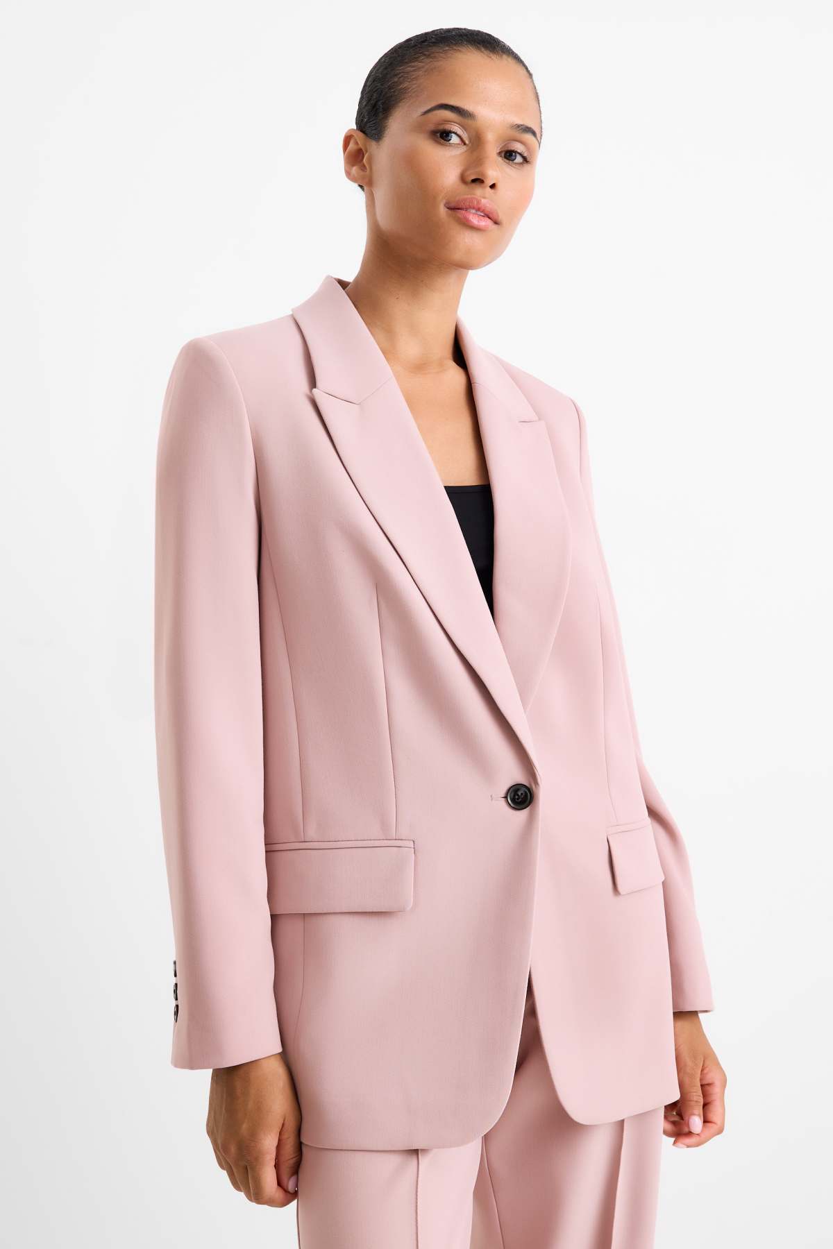 Elegant Women's Pink Relaxed Fit Long Blazer - Sustainable Woven Fabric